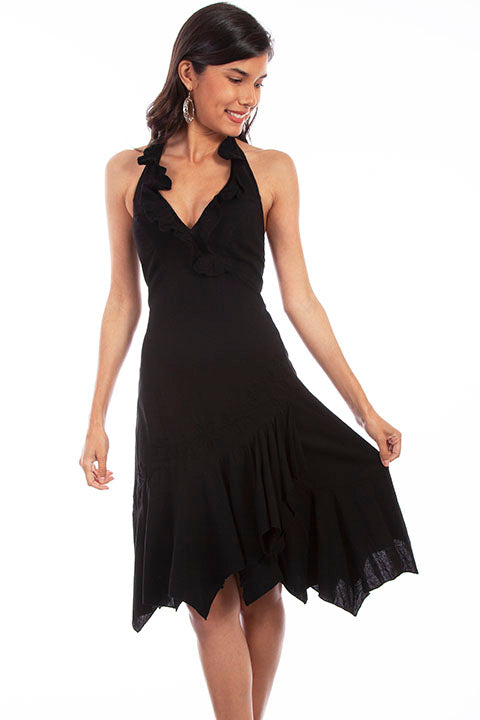 Scully Womens Cantina Collection Halter Dress, Ruffles, Black. Front View