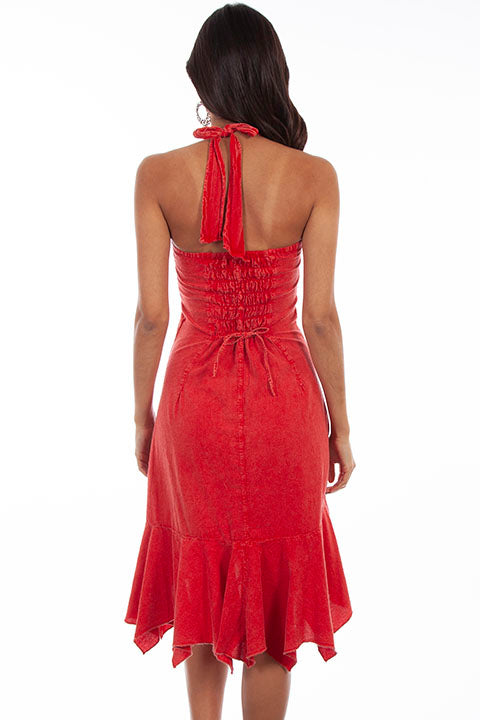 Scully Womens Cantina Collection Halter Dress, Ruffles, Brick. Back View