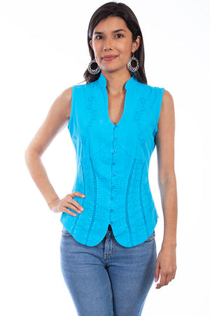 Cantina Collection Turquoise Cotton Button Front Sleeveless Top Front