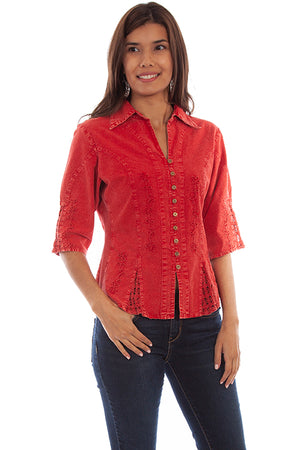 Scully Cantina Collection Women's Elbow Length Sleeve Button Front Brick