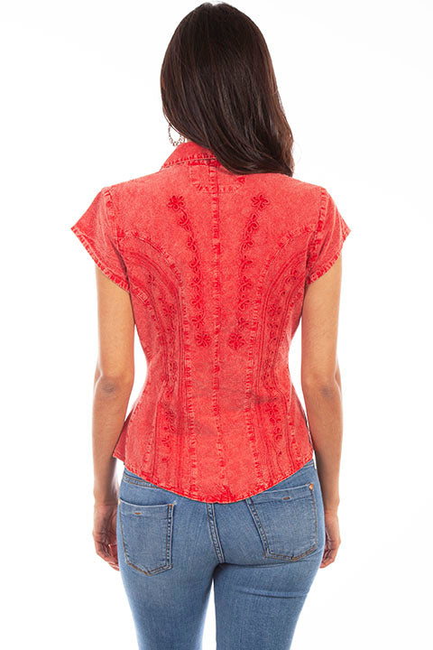 Scully Cantina Collection Womens Cap Sleeve Cotton Top with Soutache Trim Brick Back View
