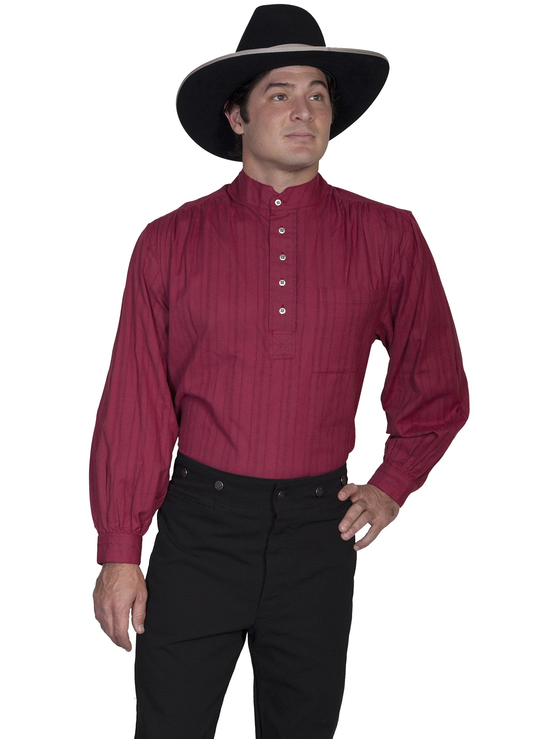 Scully Mens Rangewear Old West Shirt Banded Collar Light Weight Burgundy Front