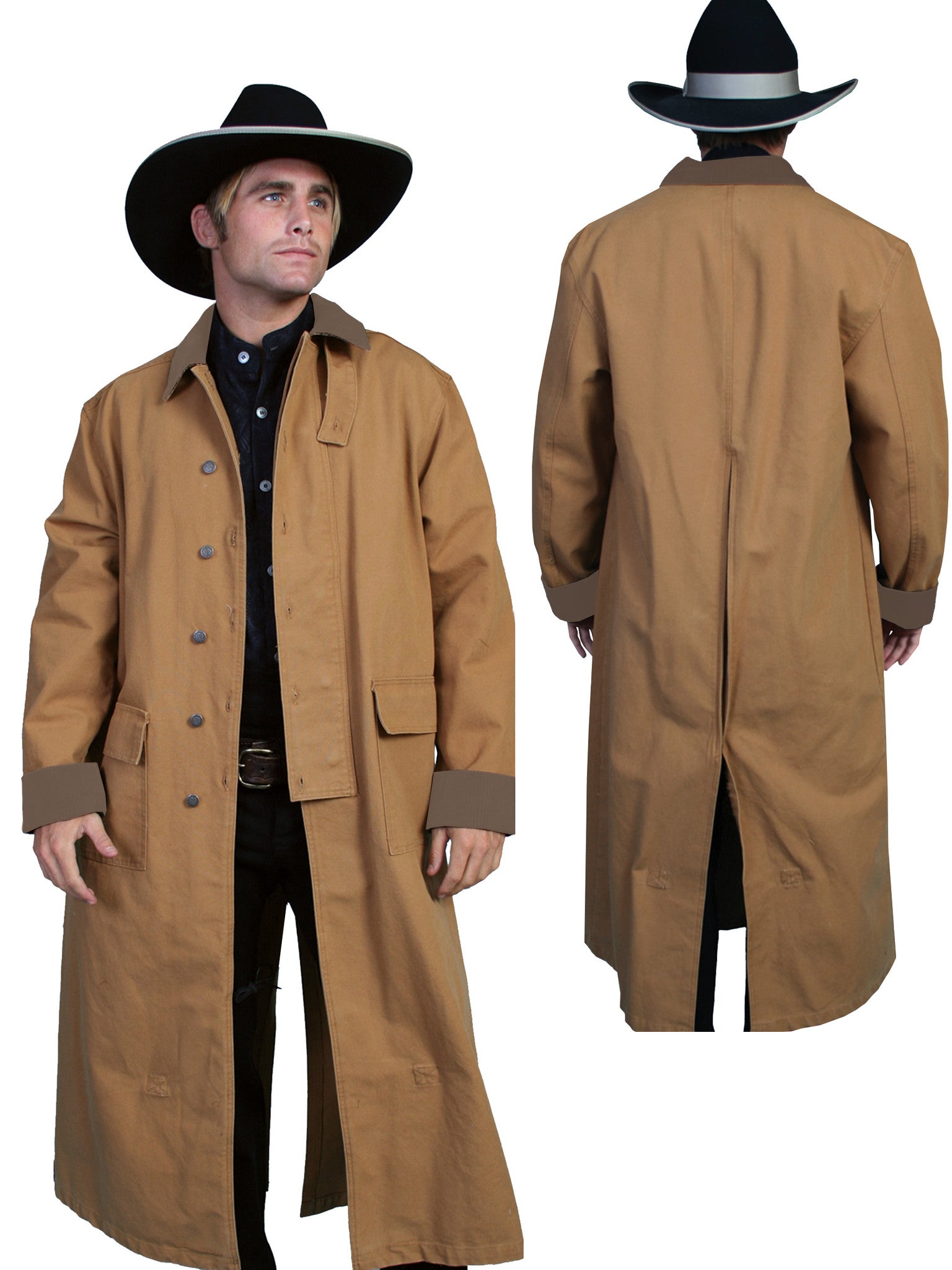 Mens Scully Old West Rangewear Canvas Duster Front and Back Brown