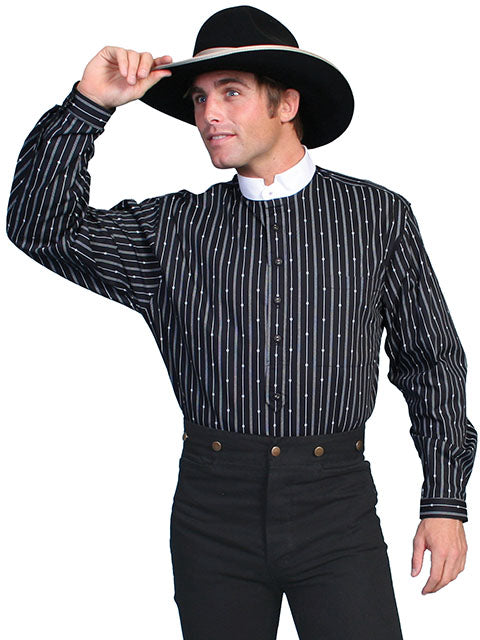 Scully Men's Old West Rangewear Tombstone Collar Shirt Black with White Stripes Front