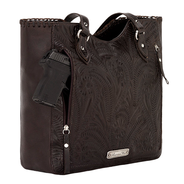 American West Handbag, Annie's Secret Collection, Tote, Pocket, Back Chocolate with Pony Print