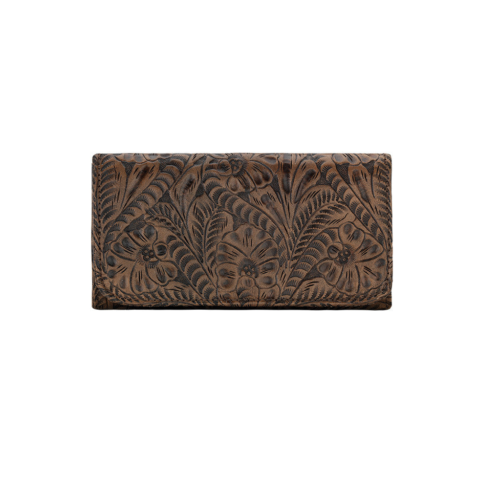 American West Handbag, Annie's Secret, Tri-Fold Wallet, Tooled, Front Charcoal Brown