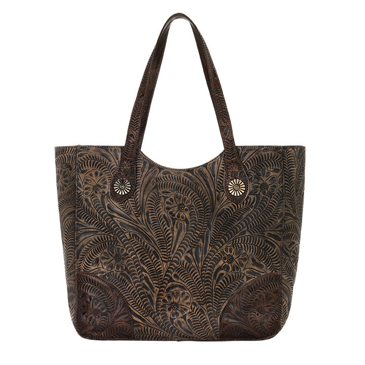 American West Handbag, Annie's Secret, Tote, Tooled, Front Distressed Charcoal