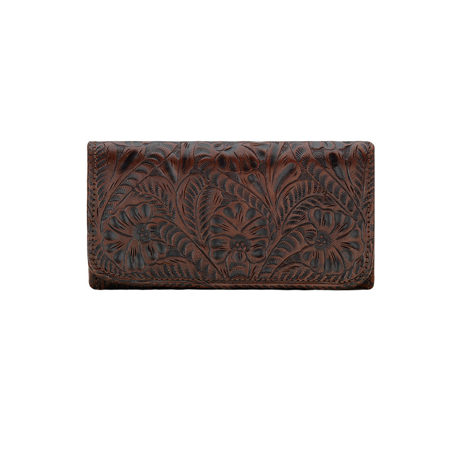 American West Handbag, Annie's Secret, Tri-Fold Wallet, Tooled, Front Chestnut Brown