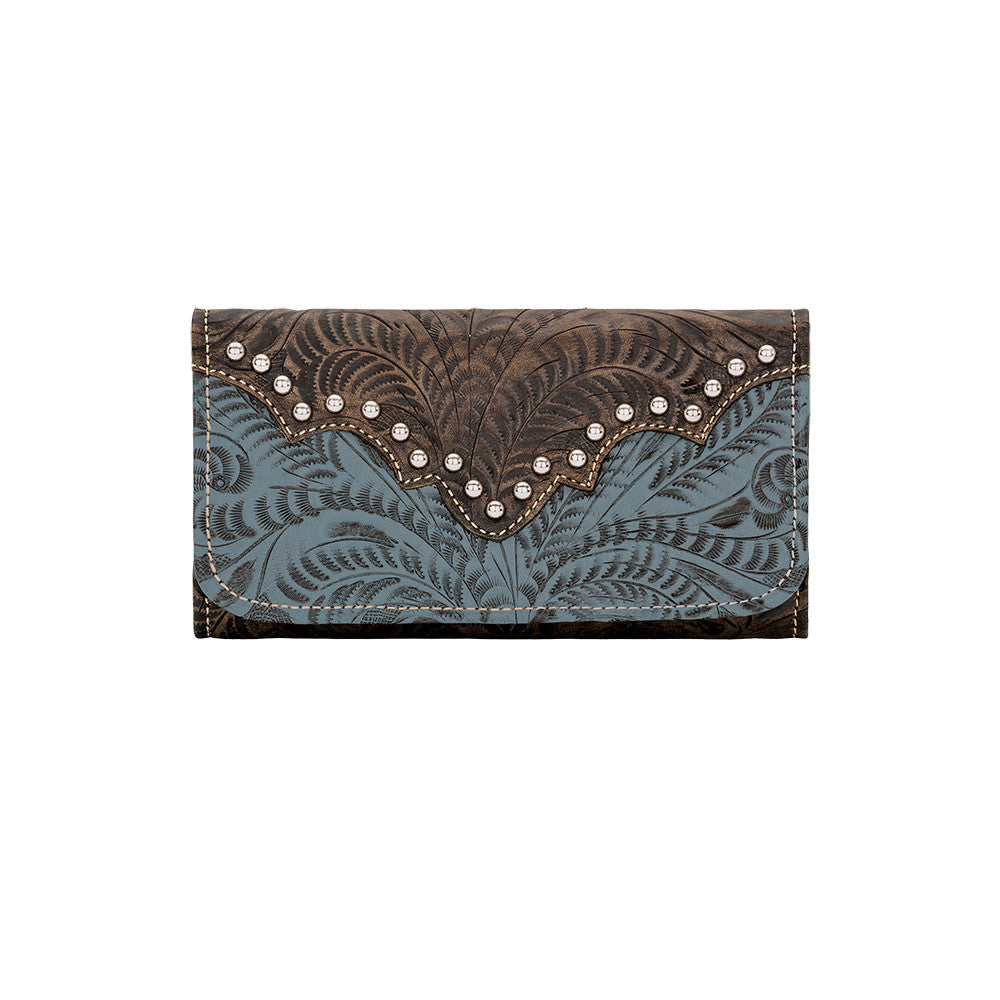 American West Handbag, Annie's Secret, Tri-Fold Wallet, Tooled, Front Denim Blue
