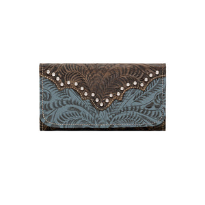 American West Handbag, Annie's Secret, Tri-Fold Wallet, Tooled, Front Denim Blue