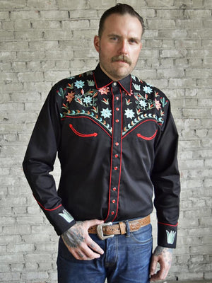Rockmount Ranch Wear Men's Agave Cactus Foral Embroidery Black Front 