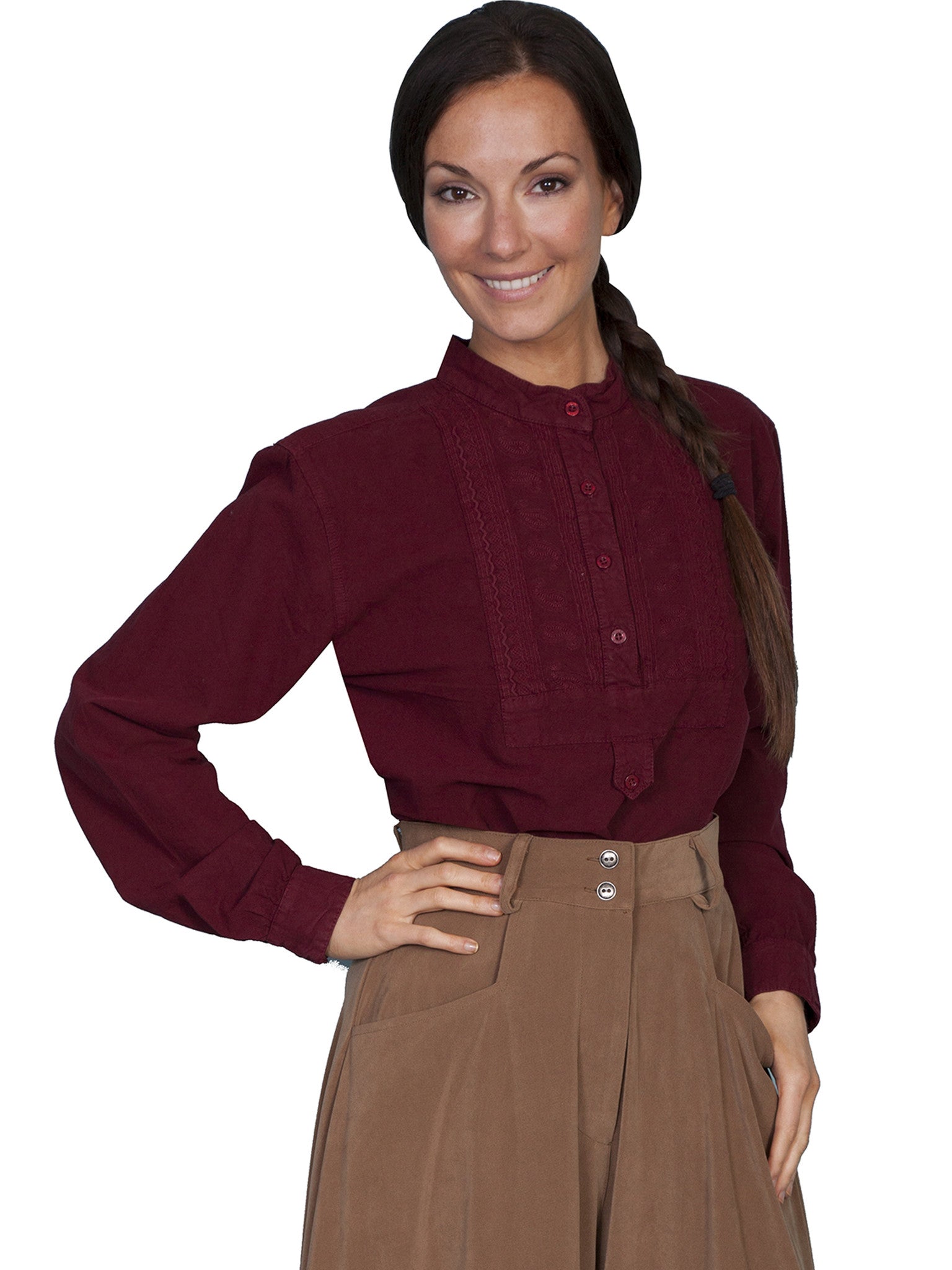 Scully Ladies Rangewear Blouse with Embroidered Bib Burgundy Front