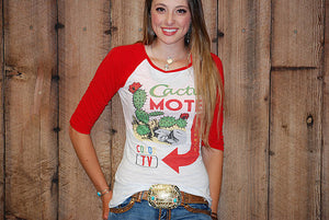 Original Cowgirl Clothing Baseball T Cactus Motel White Red Sleeves 