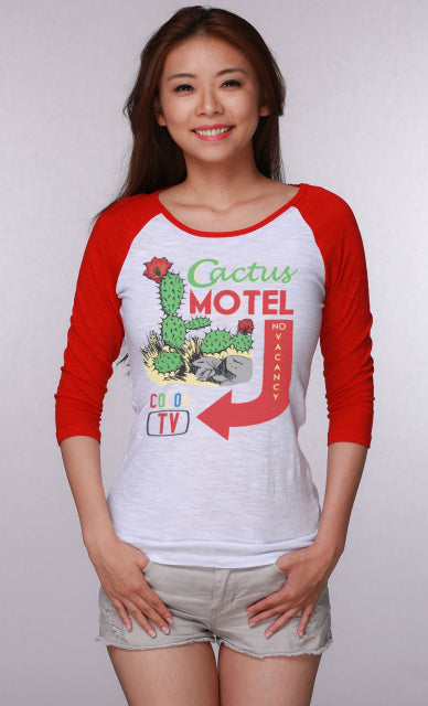 Original Cowgirl Clothing Baseball T Cactus Motel White Red Sleeves 