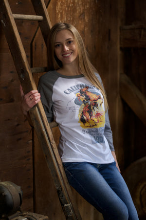 Original Cowgirl Clothing Baseball T-Shirt California Cowgirl White Body Heather Gray Sleeves Jr. Sizes