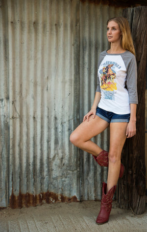 Original Cowgirl Clothing Baseball T-Shirt California Cowgirl White Body Heather Gray Sleeves Jr. Sizes