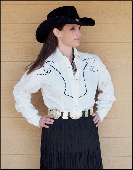 Embroidered Western Shirt: White Horse Women's Chain Stitch