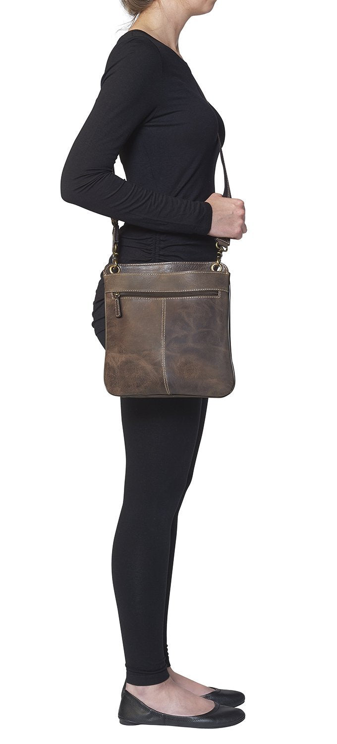 Concealed Cross Body Bag Distressed Brown Buffalo Leather Side View on Model