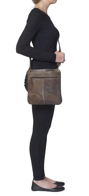 Concealed Cross Body Bag Distressed Brown Buffalo Leather Side View on Model