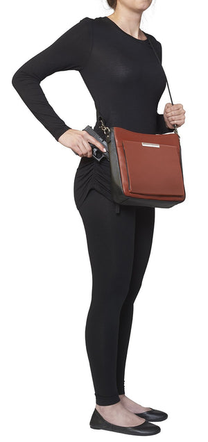 Concealed Carry Slim Crossbody Bag Cinnamon and Black Side View on Model