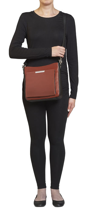 Concealed Carry Slim Crossbody Bag Cinnamon and Black Front on Model