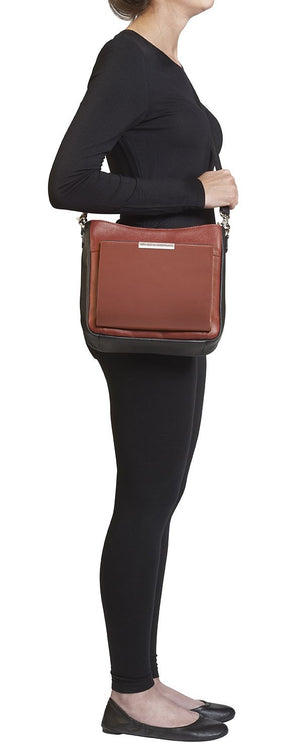 Concealed Carry Slim Crossbody Bag Cinnamon and Black Side View on Model