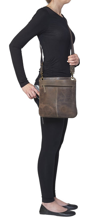 Concealed Cross Body Bag Distressed Brown Buffalo Leather on Model Drawing