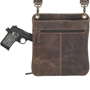 Concealed Cross Body Bag Distressed Brown Buffalo Leather Back with Gun