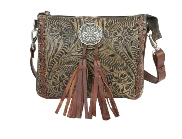 American West Lariats & Lace Collection Crossbody Multi Compartment Bag Distressed Charcoal