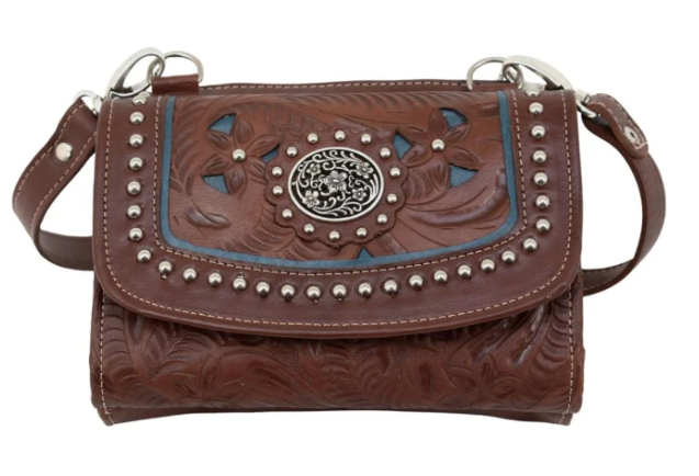 American West Lady Lace Collection Crossbody Wallet Dark Brown Front