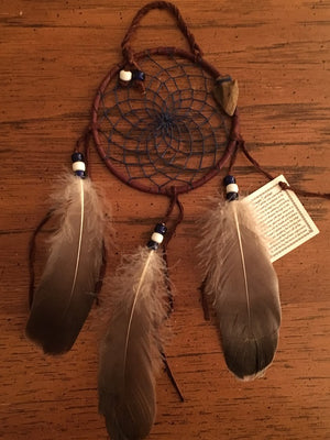 Authentic Navajo Dream Catcher 4" Natural Accent Navy Web Brown Wrap 
