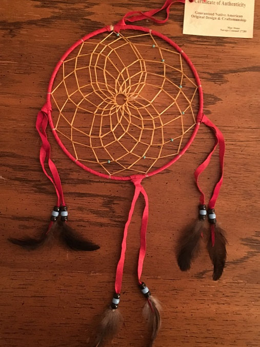 Authentic Navajo Dream Catcher 8" Red Wrap Front Blue Black Beads