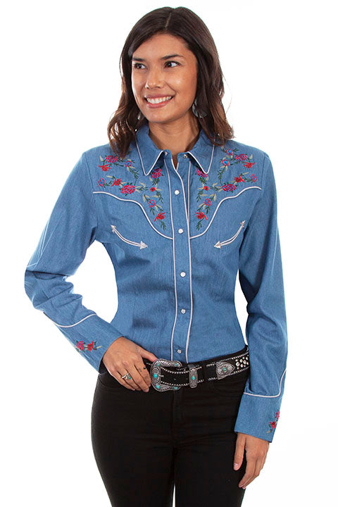 Scully Ladies' PL-879 Vintage Western Floral Embroidered Denim Shirt Front