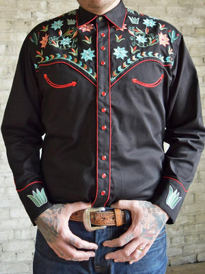 Rockmount Ranch Wear Men's Agave Cactus Foral Embroidery Black Front 