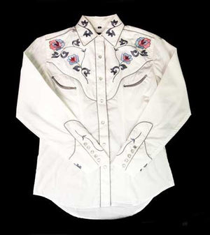 White Horse Apparel Women's Western Shirt Embroidered Floral Design on White