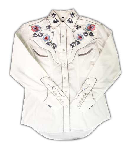 White Horse Apparel Women's Western Shirt Embroidered Floral Design on White