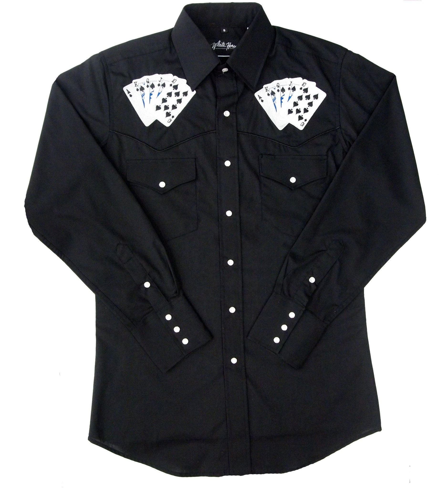 White Horse Apparel Men's Western Embroidered Shirt Royal Flush Cards on Black