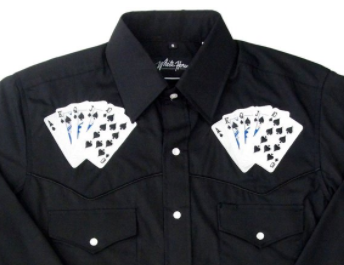 White Horse Apparel Men's Western Embroidered Shirt Royal Flush Cards on Black