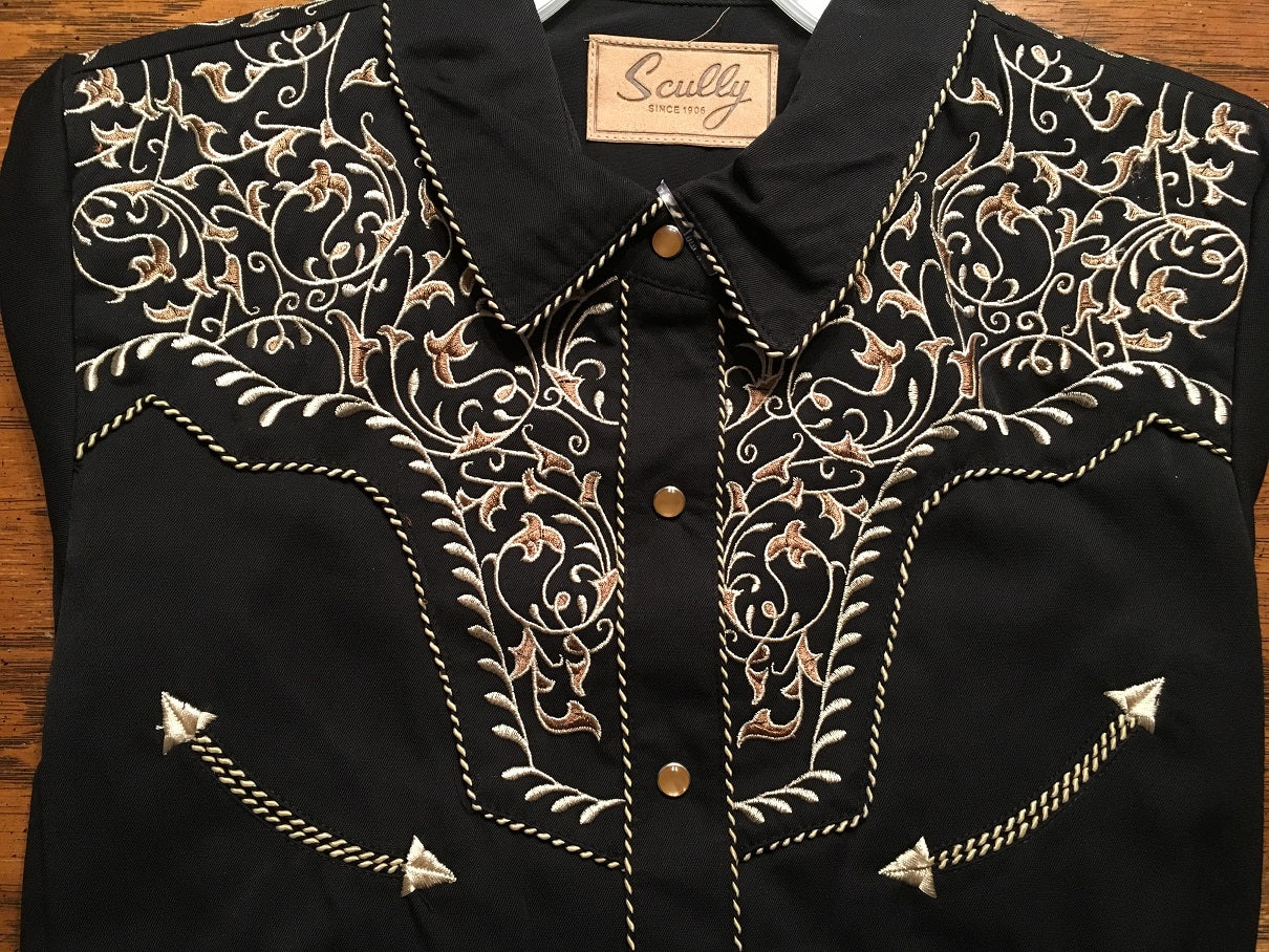 Vintage Inspired Western Shirt Ladies' Scully Two Tone Gold Embroidery Front Black