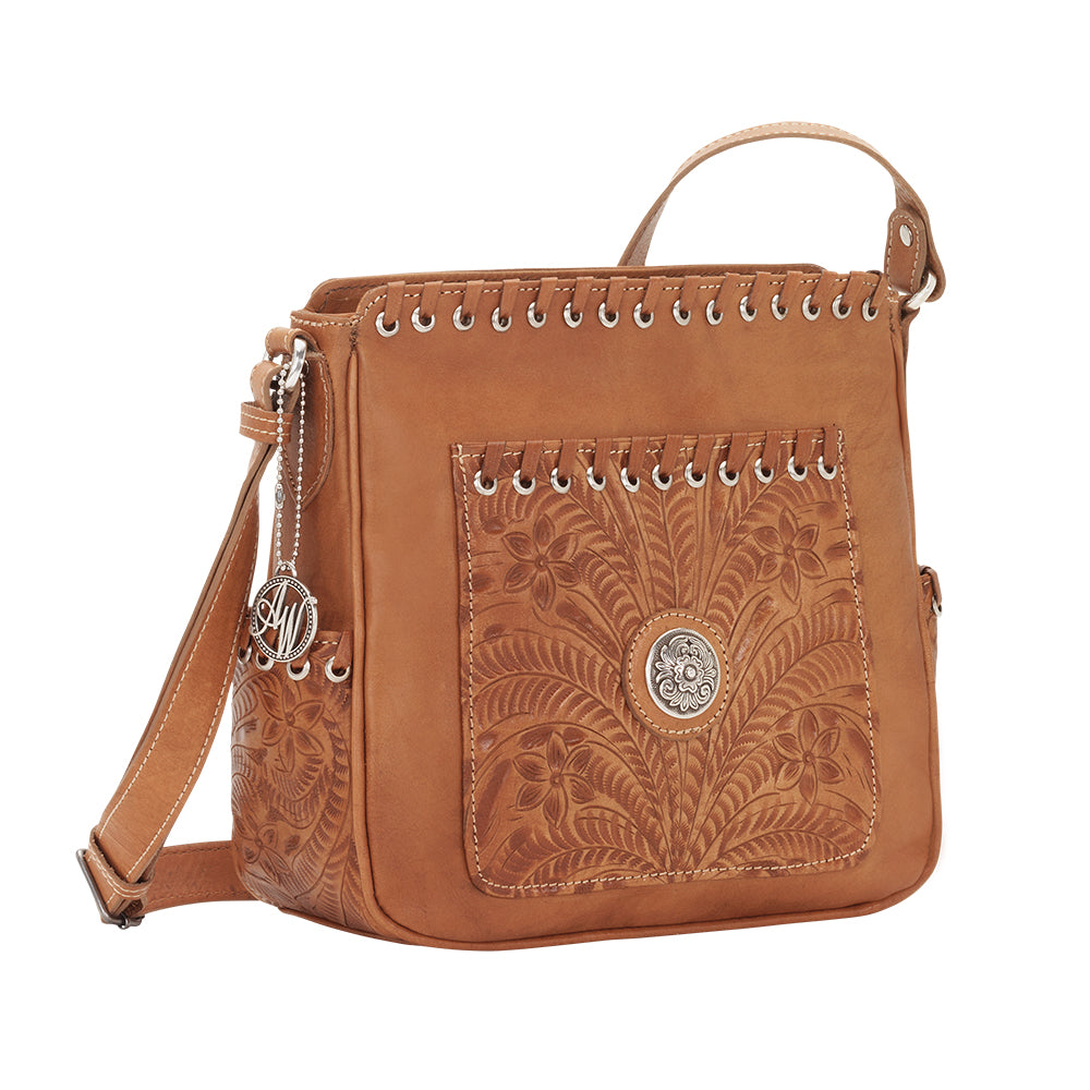 American West Handbag, Harvest Moon Collection, Crossbody Zip Top Bucket Tote, Front View