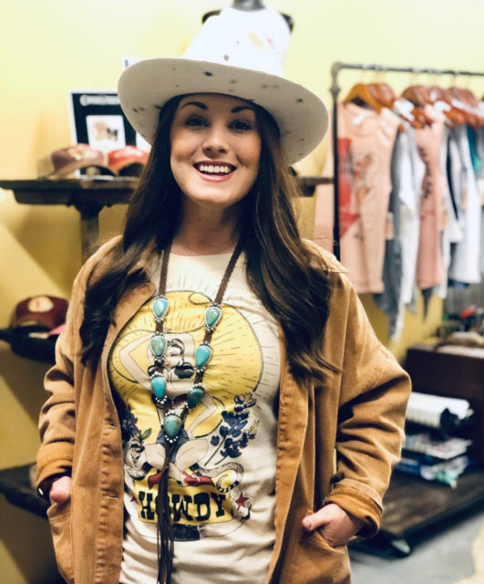 Original Cowgirl Clothing Rockin' B Ranch T-Shirt Howdy on Model