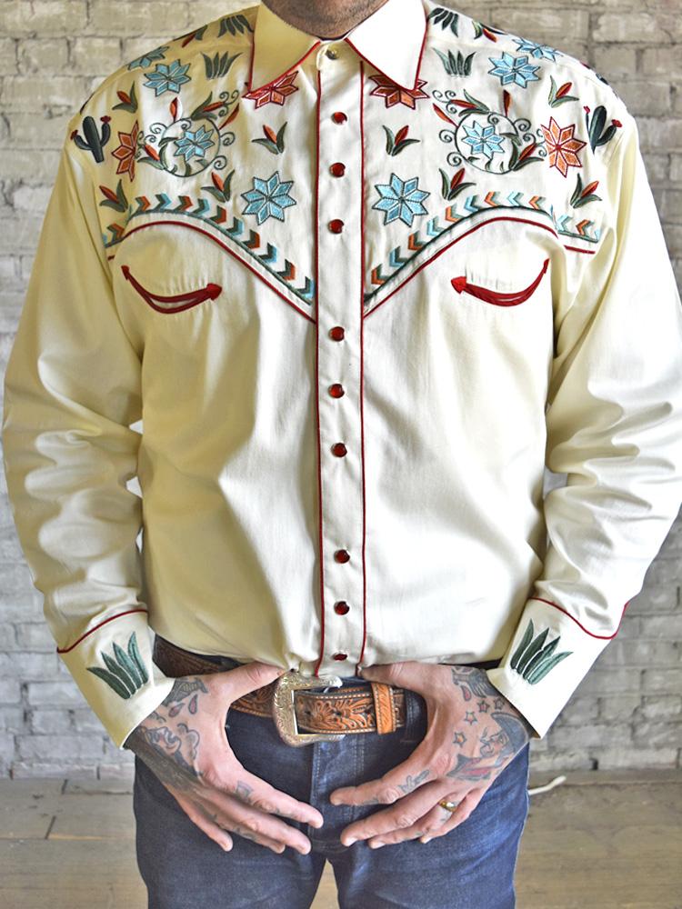 Rockmount Ranch Wear Men's Agave Cactus Floral Embroidery Ivory Front 