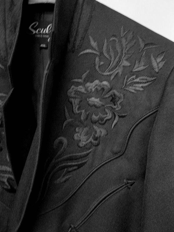 Scully Men's Western Blazer with Black Floral Embroidery on Black Front View