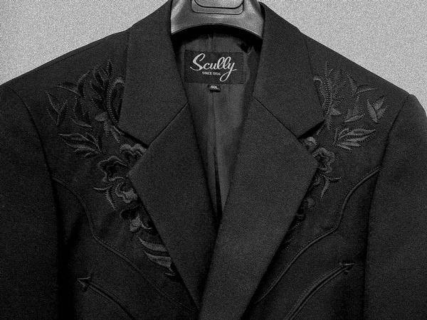 Scully Men's Western Blazer with Black Floral Embroidery on Black Front View