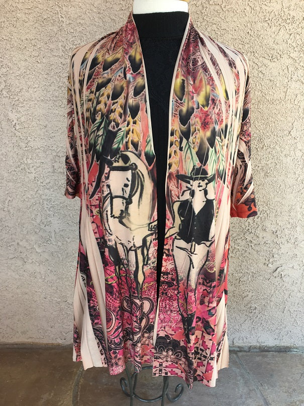 Ladies' Fantazia Apparel 3/4 Sleeve Jacket Wrap Western Feathers Print Front