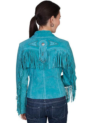 Scully Women's Suede Jacket with Fringe, Conchos, Beads Turquoise Back