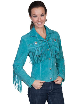 Scully Women's Suede Jacket with Fringe, Conchos, Beads Turquoise Front