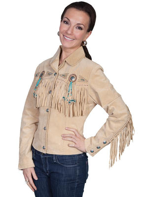 Scully Women's Suede Jacket with Fringe, Conchos, Beads Chamois Front