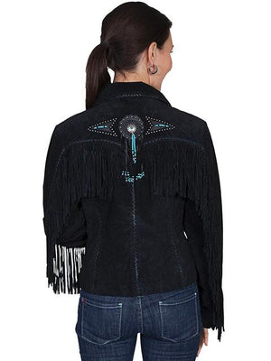 Scully Women's Suede Jacket with Fringe, Conchos, Beads Black Back