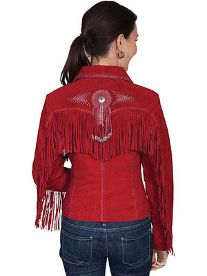 Scully Women's Suede Jacket with Fringe, Conchos, Beads Red Back